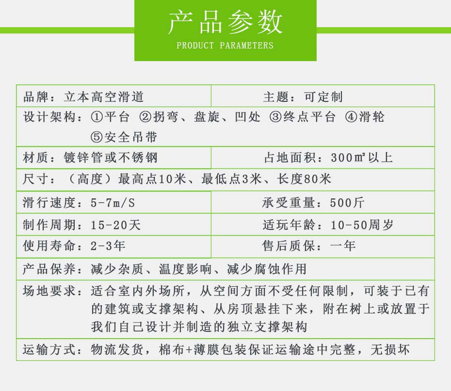 高空滑道參數(shù)